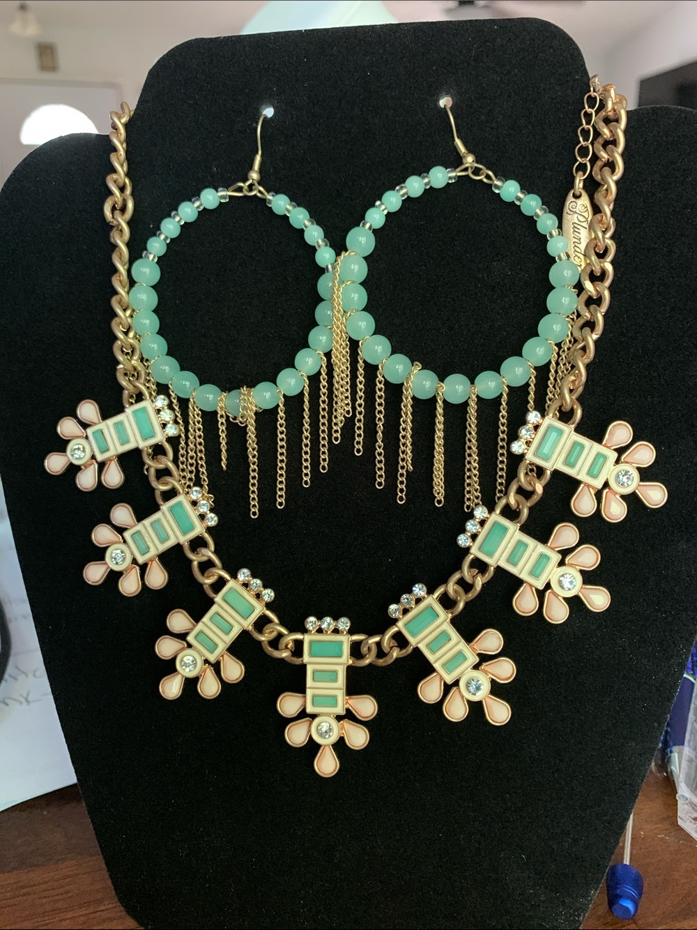 Plunder Gold-Tone Necklace & Mint Green Bead Hoop Earring Set